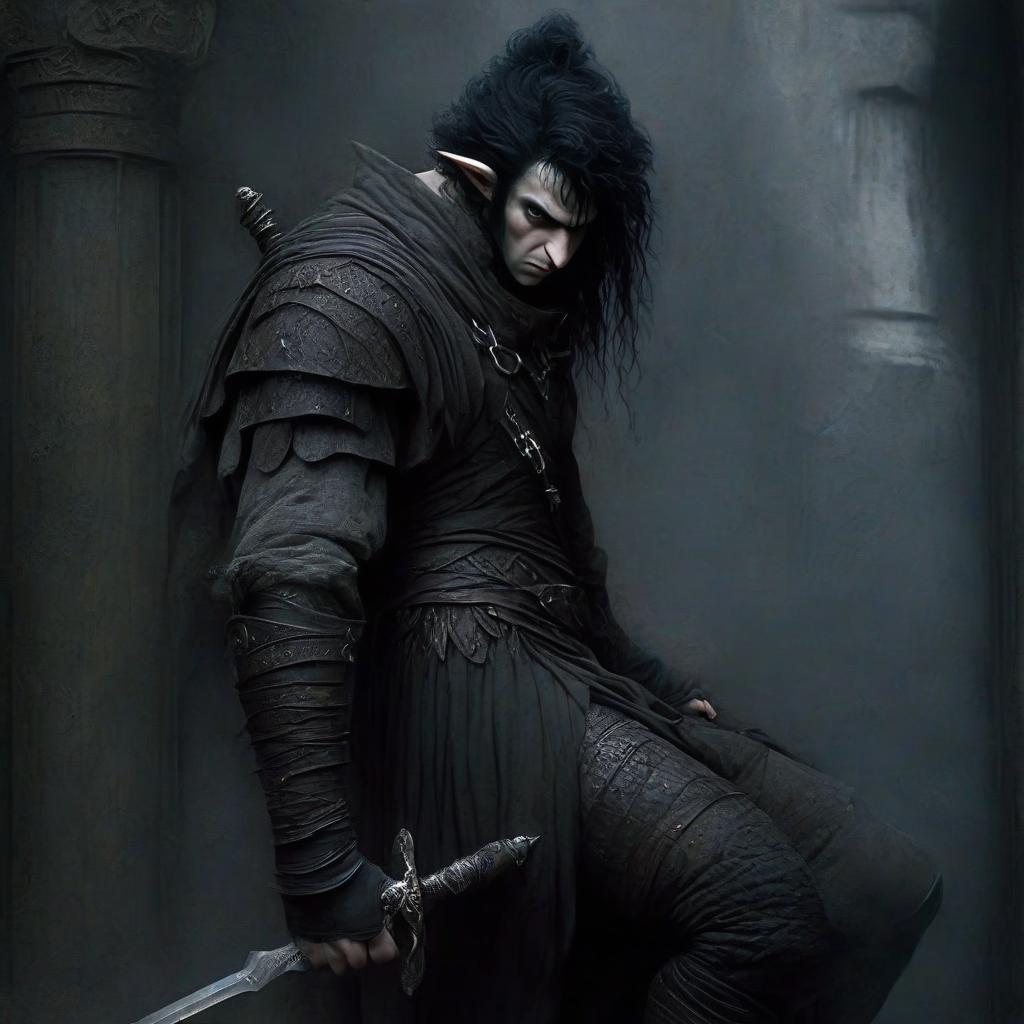  macabre style elf is a thief fighter with black hair, in leather and steel openwork shoulders and elbows, with a sword in his hand. full height in a dark room with black columns. . dark, gothic, grim, haunting, highly detailed, perfecteyes, perfect hands