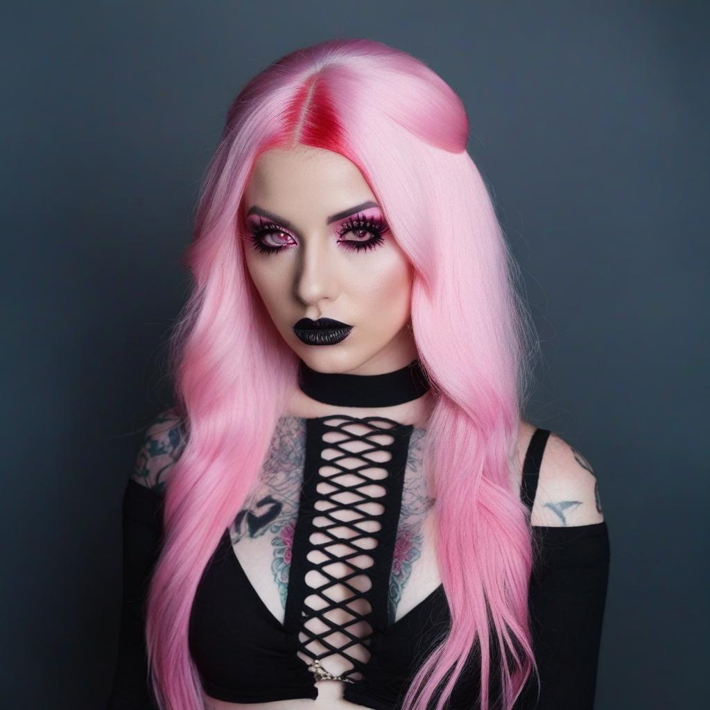  4 age women,full body shot portrait horrifying scary pale long pink hair ,full white eyes, black lips, black dripping eyeshadow tattoos,in pink cotton with pink trim