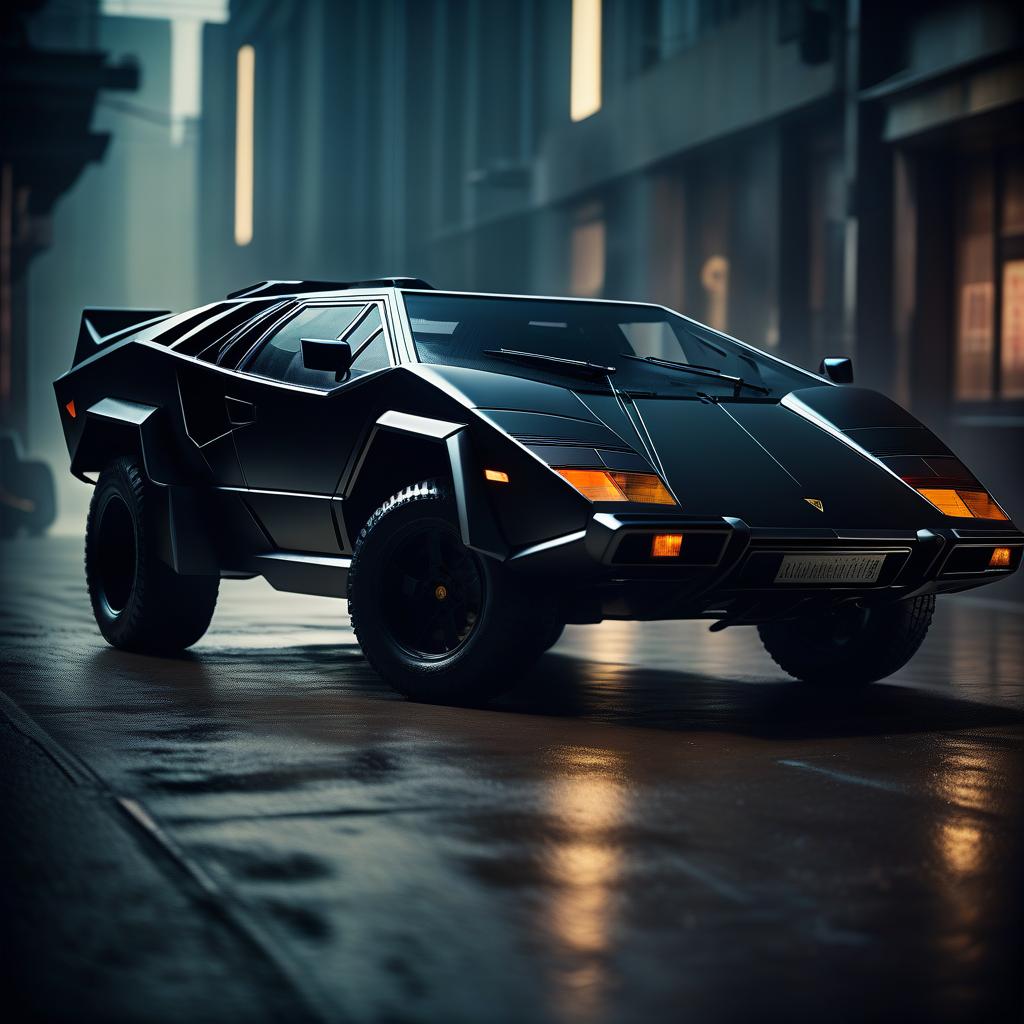  cinematic film still retro futuristic, black, brutal suv, externally reminiscent of the lamborghini countach. . shallow depth of field, vignette, highly detailed, high budget, bokeh, cinemascope, moody, epic, gorgeous, film grain, grainy