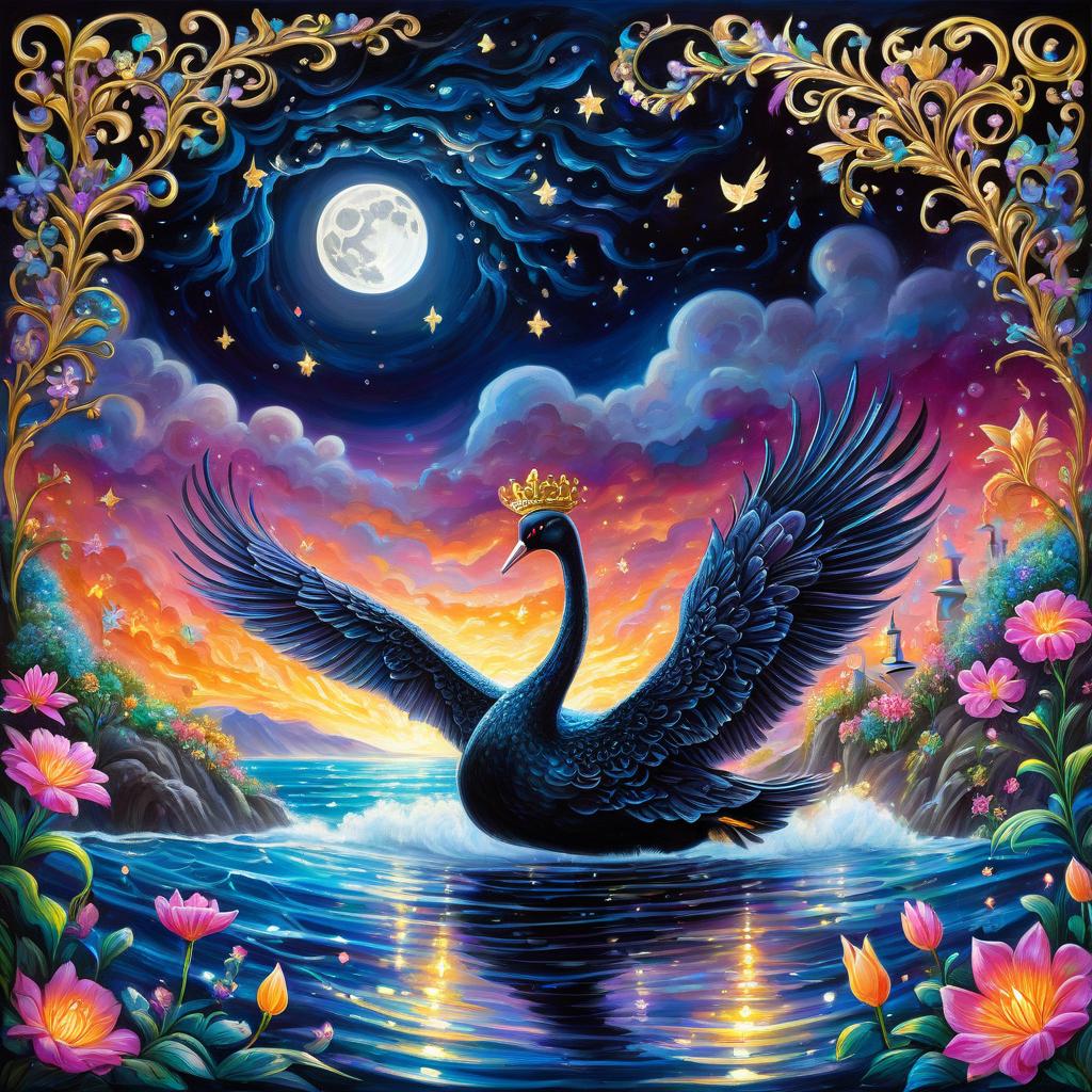  retro game art oil painting. (far background: 1,3). a magnificent fairy tale bird black swan with luxurious wings and a golden crown (floating) on the waves. fluorescent patterns on the plumage of magical beauty. surrounded by sparkling, shimmering, splashing, water droplets. against the background of the sea with moon glints and the night sky with multi coloured mist, stars and fluorescent dust. night coast with a palace of dark marble in the old russian style and flowering gardens. magnificent, picturesque, mysterious, magical, fantasy composition in the style of kinuko kraft. hyper detailed and complex, elegant. ornate, dynamic, with breathtaking visuals. stylistics: surrealist abstractionism, fantasy, fairy tale, intricate zentangle pat