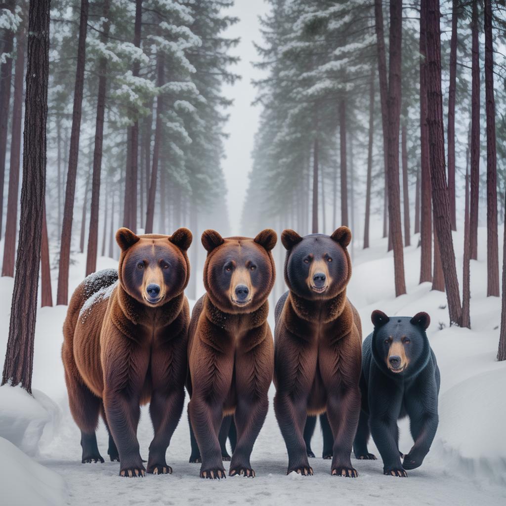  3 bears in the snow hyperrealistic, full body, detailed clothing, highly detailed, cinematic lighting, stunningly beautiful, intricate, sharp focus, f/1. 8, 85mm, (centered image composition), (professionally color graded), ((bright soft diffused light)), volumetric fog, trending on instagram, trending on tumblr, HDR 4K, 8K