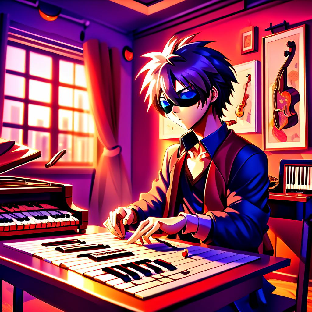  anime artwork musician with a blindfold, thoughtfully sitting at a table, against the background of a cozy room with musical instruments . anime style, key visual, vibrant, studio anime, highly detailed, hkmagic