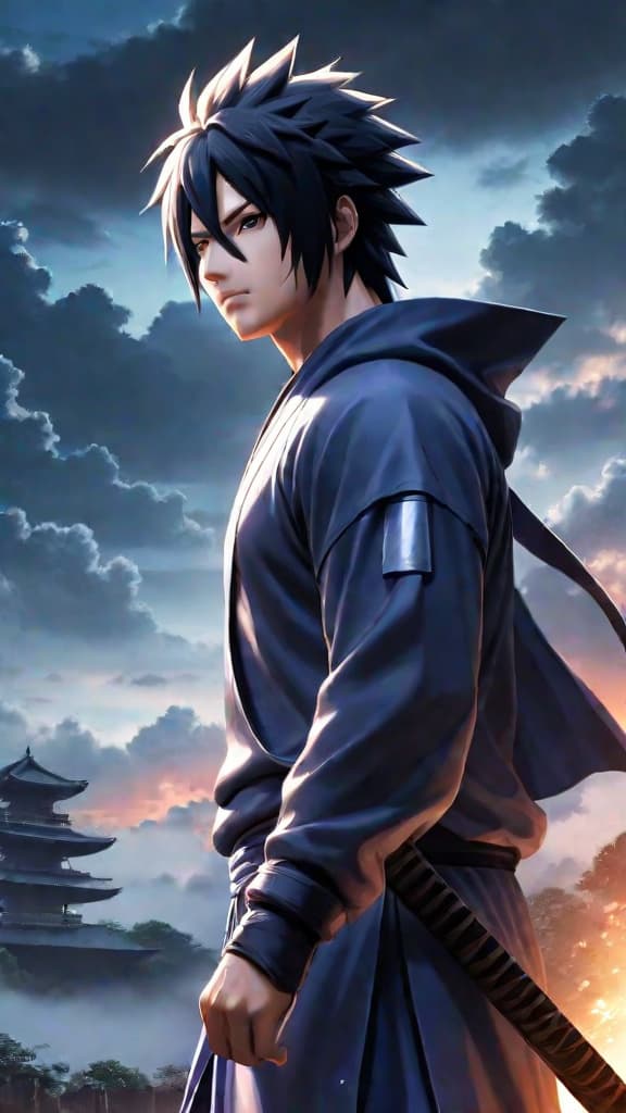  an anime art of sasuke uchiha leaving konoha seeking strength, clarity, and redemption. hyperrealistic, full body, detailed clothing, highly detailed, cinematic lighting, stunningly beautiful, intricate, sharp focus, f/1. 8, 85mm, (centered image composition), (professionally color graded), ((bright soft diffused light)), volumetric fog, trending on instagram, trending on tumblr, HDR 4K, 8K