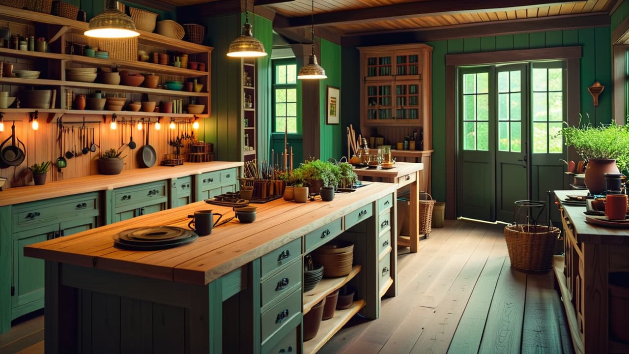  create a serene woodworking scene featuring a rustic workshop with 70% warm wood tones, 20% muted greens from tools and plants, and 10% vibrant accent colors in wood finishes and accessories. hyperrealistic, full body, detailed clothing, highly detailed, cinematic lighting, stunningly beautiful, intricate, sharp focus, f/1. 8, 85mm, (centered image composition), (professionally color graded), ((bright soft diffused light)), volumetric fog, trending on instagram, trending on tumblr, HDR 4K, 8K