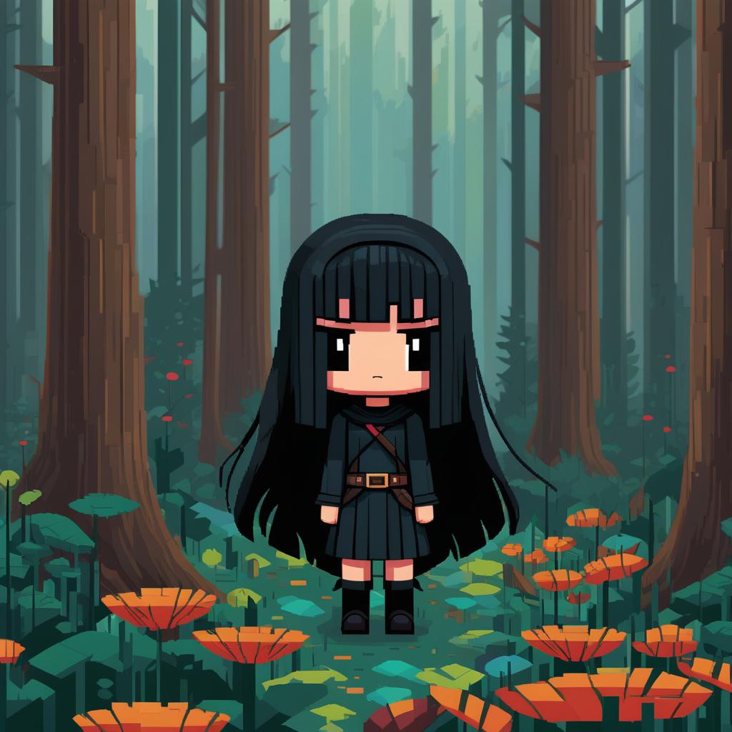  pixel art 1 girl, colorful forest, girls colors are more mute compared to her surroundings, long straight black hair, brown skin, black rogue outfit, no face cover, tired, annoyed, fantasy setting,. low res, blocky, pixel art style, 8 bit graphics