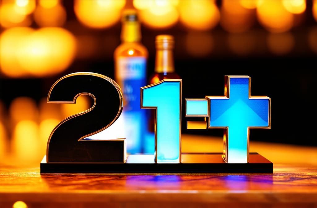  closeup on 3d letters "21+" at bar counter, whiskey bottle blurred in background ar 3:2 {prompt}, maximum details