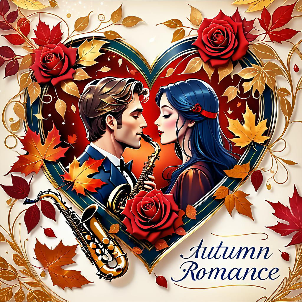  dreamscape (postcard background):falling autumn leaves, red roses, saxophone, satin ribbon, inscription "autumn romance" , retro, vintage, greeting card. autumn in the heart, (beautiful couple):man and woman, two faces in profile, heart scarlet rose (heart), beautiful figure of maple leaves outlines in the shape of a heart. (heart colour):night sky background, gold pattern. (style):fantasy, autumn art, autumn romance. (colours):gold, green gold, navy blue, red, red gold, brown gold, silver, golden blue, bluish blue. . surreal, ethereal, dreamy, mysterious, fantasy, highly detailed