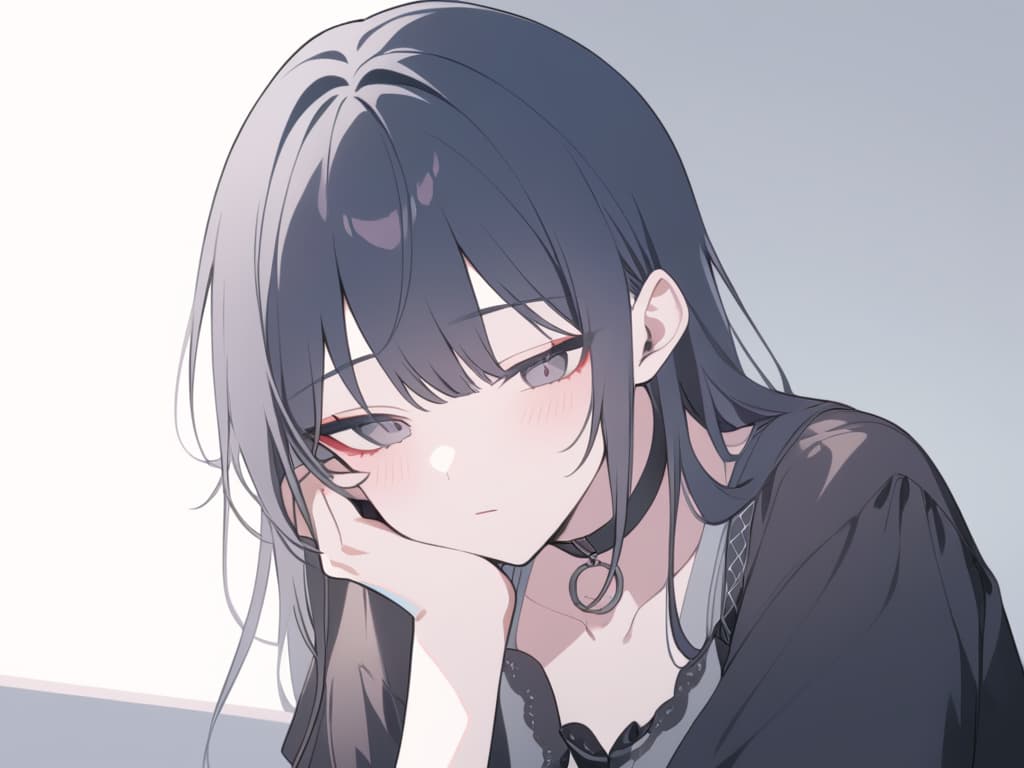  a male jirai kei'character with black hair,wearing dark clothing with silveraccessories such as a choker and rings,leaning against a wall or object,with one hand covering his face and the other resting on his shoulder. the character shows a mix of introspection and emotional complexity,with dark makeup and a delicate mood