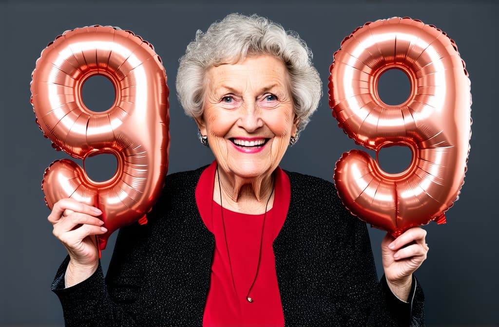  fashionable old woman holding foil balloons in the shape of "99" and smiling on her birthday ar 3:2, (natural skin texture), highly detailed face, depth of field, hyperrealism, soft light, muted colors