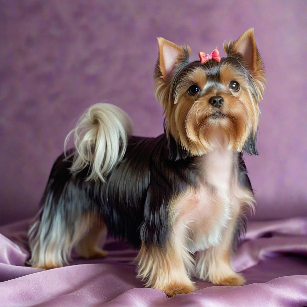  kawaii style yorkshire terrier dog stands on a dark purple satin background . cute, adorable, brightly colored, cheerful, anime influence, highly detailed, film photography style