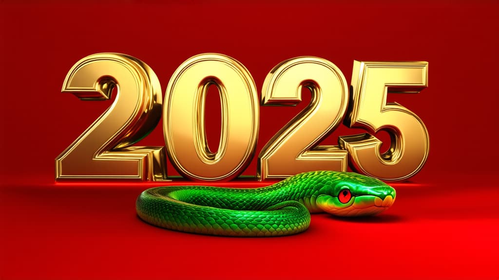  professional detailed photography, the inscription 2025 in gold in large font on a red background, behind the inscription there is a green snake ar 16:9, (muted colors, dim colors, soothing tones), (vsco:0.3)