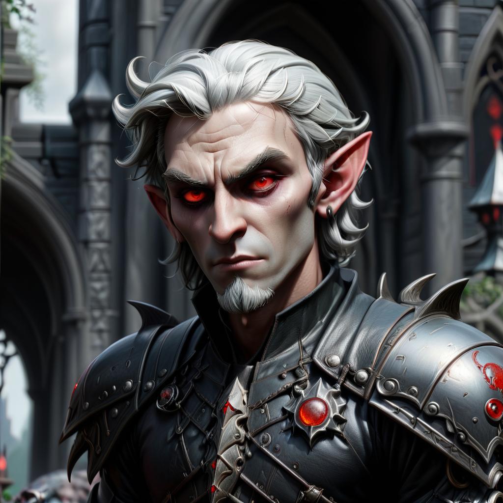  macabre style drow male elf cleric, graphite color skin, red eyes, silver medium haircut, black leather armor, mace, impudent arrogant rude grimace, travelers shoulder bag, half body view, dark cathedral background . dark, gothic, grim, haunting, highly detailed, civitai