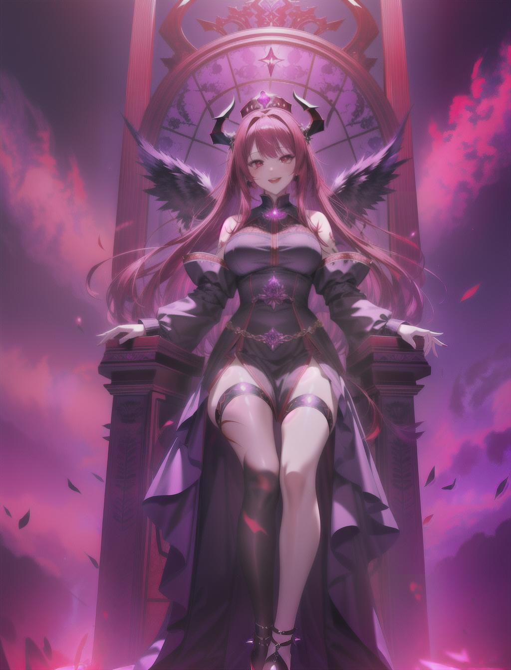  masterpiece, best quality, solo, tall, perfectly proportioned figure, blood red hair with intricate purple patterns, cinematic lighting, piercing red eyes, large black wings, tattoos along her hands, red and purple skirt, black thigh high heels, (tall big throne:1.3), laughing, looking down to camera, black spiky crown, long thin horns