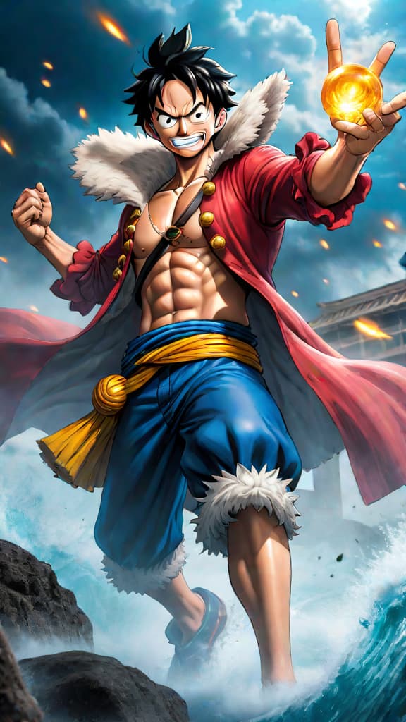  anime art: luffy harnesses conqueror’s haki in a climactic battle against blackbeard’s dark powers. hyperrealistic, full body, detailed clothing, highly detailed, cinematic lighting, stunningly beautiful, intricate, sharp focus, f/1. 8, 85mm, (centered image composition), (professionally color graded), ((bright soft diffused light)), volumetric fog, trending on instagram, trending on tumblr, HDR 4K, 8K