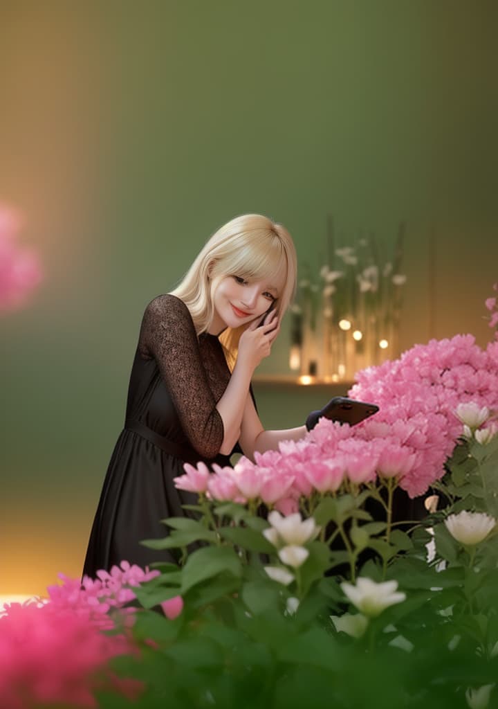  a young woman with soft, harmonious features. she has fair skin and light blonde hair, long with bangs framing her face. she is wearing a simple, elegant black dress that adds a touch of sophistication and grace. in the picture, she is taking a selfie while holding her phone confidently, with a subtle smile that adds a hint of spontaneity and charm. the background is simple, focusing attention on her natural beauty, and the lighting is soft and natural, enhancing the realistic feel. hyperrealistic, full body, detailed clothing, highly detailed, cinematic lighting, stunningly beautiful, intricate, sharp focus, f/1. 8, 85mm, (centered image composition), (professionally color graded), ((bright soft diffused light)), volumetric fog, trending on instagram, trending on tumblr, HDR 4K, 8K