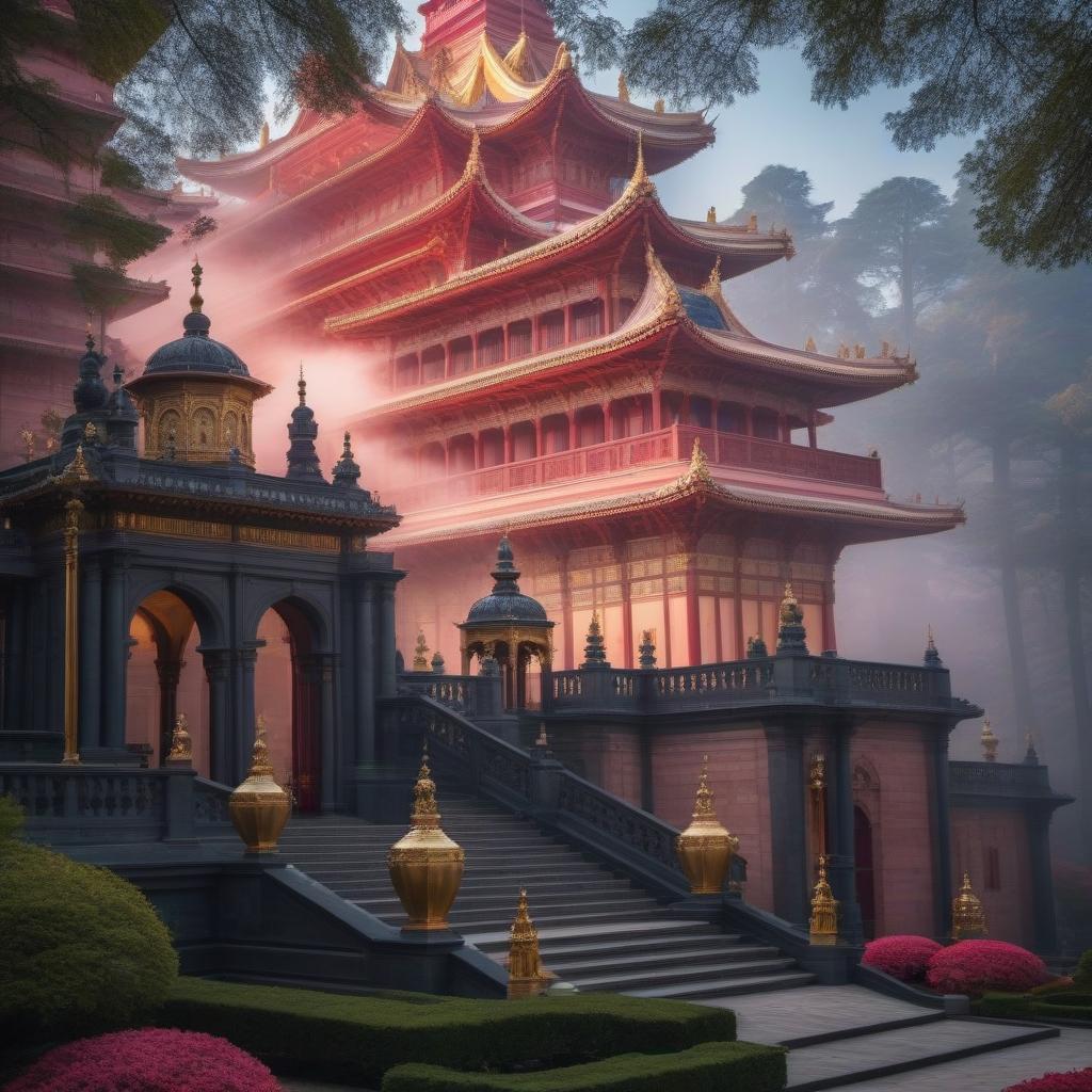  Royal palace made of pink marble with red tiled roofs and golden weathervanes, classicism style hyperrealistic, full body, detailed clothing, highly detailed, cinematic lighting, stunningly beautiful, intricate, sharp focus, f/1. 8, 85mm, (centered image composition), (professionally color graded), ((bright soft diffused light)), volumetric fog, trending on instagram, trending on tumblr, HDR 4K, 8K