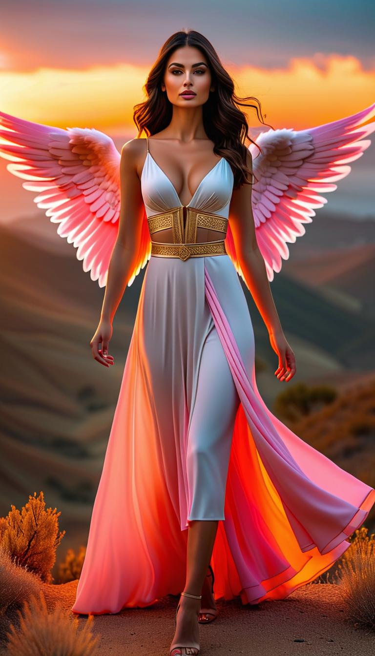  professional 3d model of biblical sunset pinks and oranges angels . rendered with octane, the model is highly detailed,dramatic lighting. hyperrealistic, full body, detailed clothing, highly detailed, cinematic lighting, stunningly beautiful, intricate, sharp focus, f/1. 8, 85mm, (centered image composition), (professionally color graded), ((bright soft diffused light)), volumetric fog, trending on instagram, trending on tumblr, HDR 4K, 8K