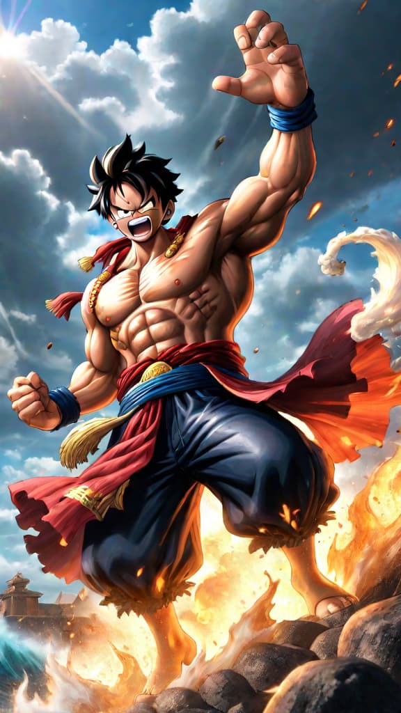  anime art: luffy unleashing advanced conqueror’s haki and gear fourth against kaido's overwhelming strength. hyperrealistic, full body, detailed clothing, highly detailed, cinematic lighting, stunningly beautiful, intricate, sharp focus, f/1. 8, 85mm, (centered image composition), (professionally color graded), ((bright soft diffused light)), volumetric fog, trending on instagram, trending on tumblr, HDR 4K, 8K