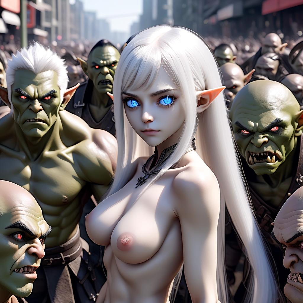   .1 , body fully visible ++++ (very high detail) japanese ( + ++) old white hair, 2 size, blue eyes (luminous eyes), slim body in seminal fluid, 10 meters from the camera, high detail, behind a crowd of ful goblins, front 20 meters large orc