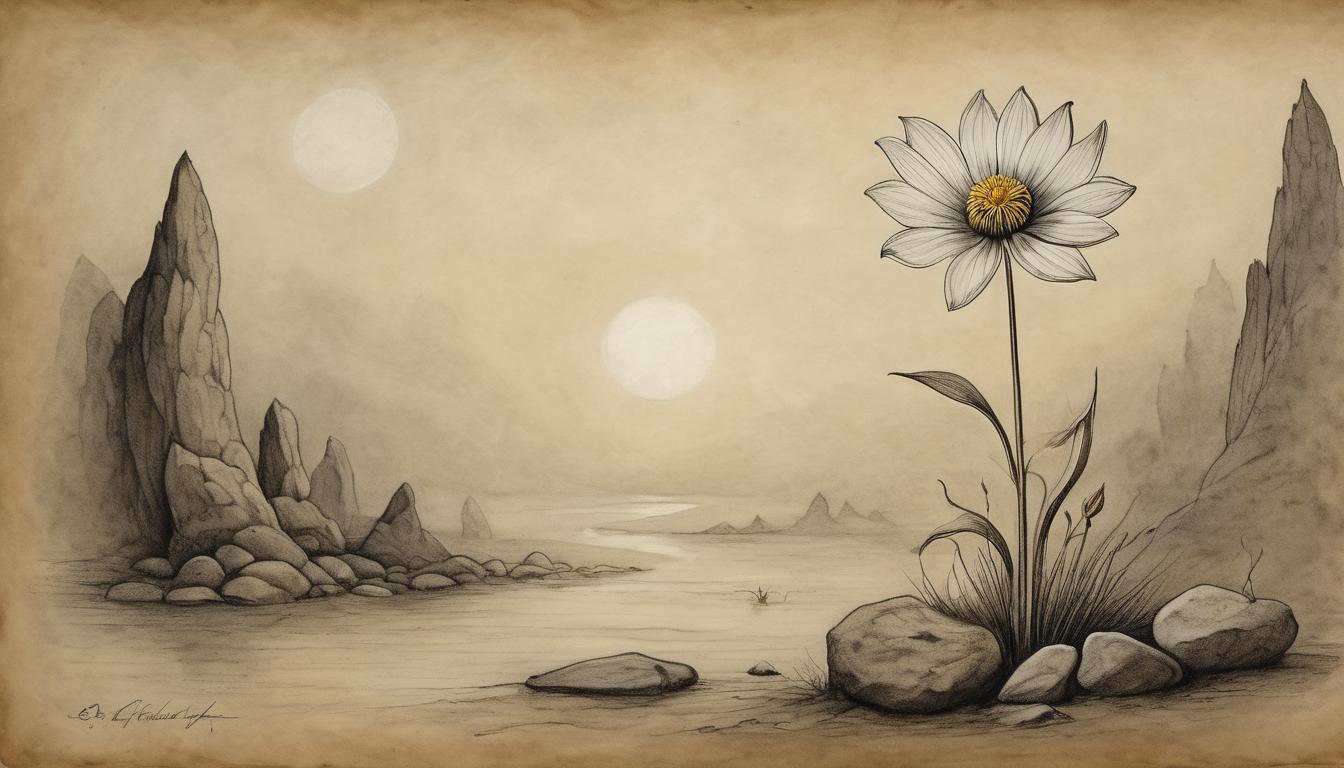  on parchment, surrealism++, a single flower growing amidst a field of rocks, ethereal glow surrounding it, contrast of delicate and harsh, untamed wilderness, sense of uniqueness(mysterious, provocative, symbolic)++