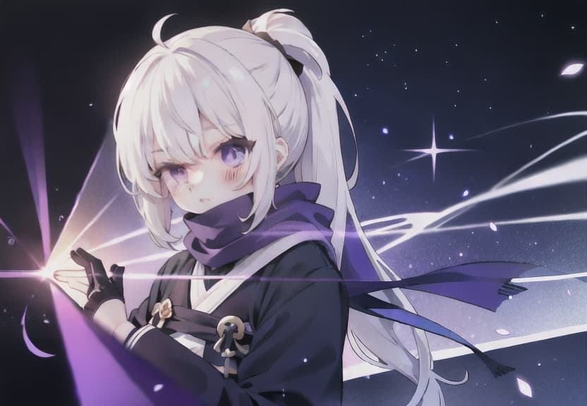  upper body, white hair, ponytail, purple eyes, (ninja), short sword, medium breats ,scarf, wallpaper, magic circle background, light particles, blue fire