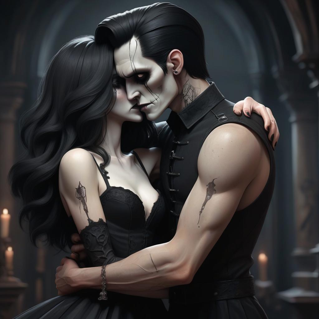  macabre style man with bare torso and black shoulder hair hugs girl in black dress . dark, gothic, grim, haunting, highly detailed