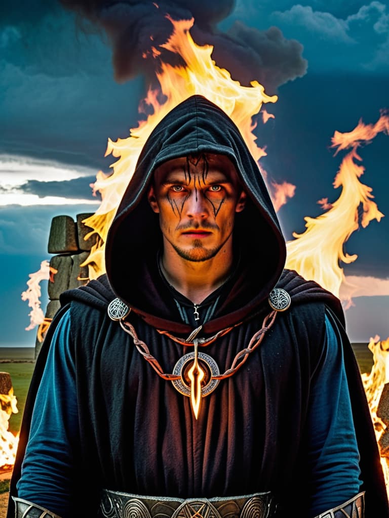  Pagan warlock, facing viewer, wearing a hooded cloak, his face hardened, eyes cold, a scar runs down the left side of his face; standing at an alter, conjuring a fire elemental from within Stonehenge during a thunder and lightning storm