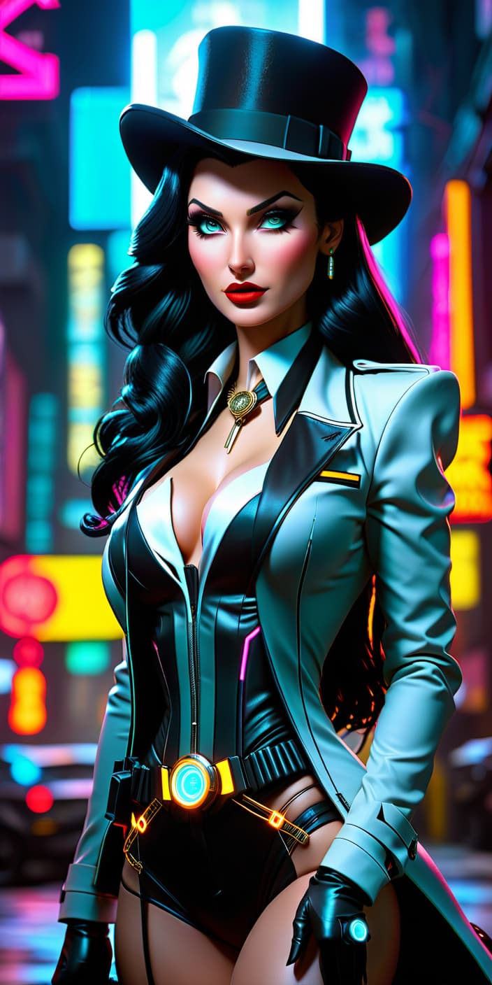  cyberpunk game style zatanna, , cartoon, . neon, dystopian, futuristic, digital, vint, detailed, high contrast, reminiscent of cyberpunk genre video games hyperrealistic, full body, detailed clothing, highly detailed, cinematic lighting, stunningly beautiful, intricate, sharp focus, f/1. 8, 85mm, (centered image composition), (professionally color graded), ((bright soft diffused light)), volumetric fog, trending on instagram, trending on tumblr, HDR 4K, 8K