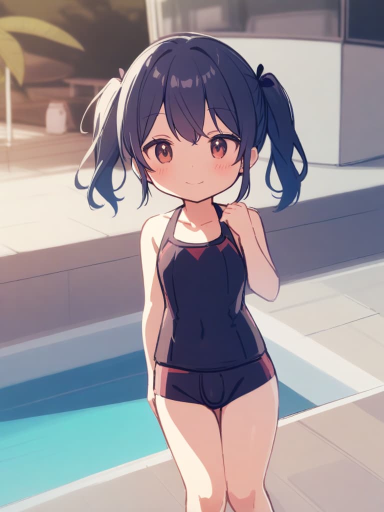  women's elementary students (male), twin tails, cute smiles, (rich s), low stature, dark blue swimwear, old swimwear, , simple, (upward), , (bulge), front, whole body, pool side. ,,,