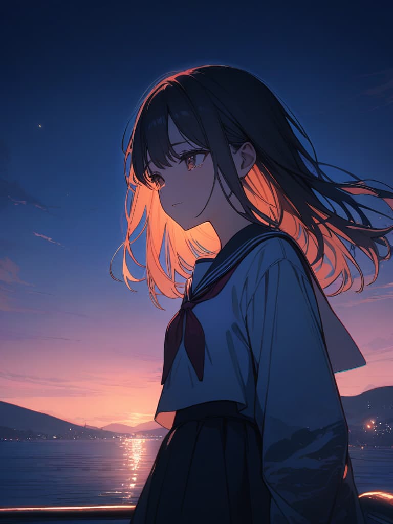  sea, crying girl, hair fluttering, sailor suit, evening, night, emo, masterpiece, best quality,8k,ultra detailed,high resolution,an extremely delicate and beautiful,hyper detail