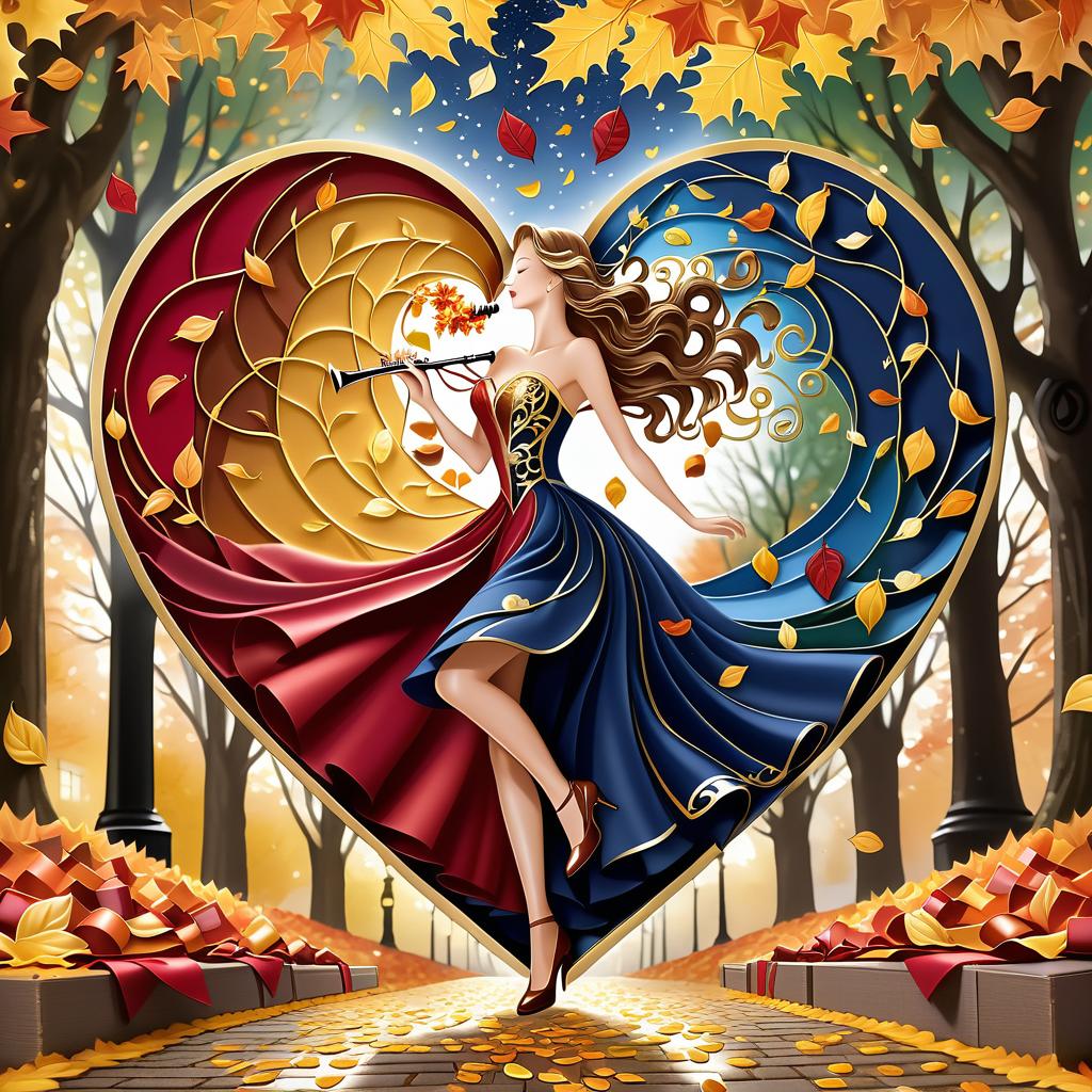  luxury product style on a carpet of yellow leaves in a simple dress of wind given crepe autumn danced a waltz boston in an alleyway. the warm day flew away and the saxophone sang hoarsely. (background of the card): falling autumn leaves, a whirlwind of autumn leaves, wind saxophone, ((a box of chocolates, the inscription "autumn waltz")) , a greeting card. (heart), a beautiful figure made of contours in the shape of a heart. (heart colour): night sky background, stars, gold pattern. (style):fantasy, autumn art, autumn romance. (colours):gold, green gold, navy blue, red, red gold, brown gold, silver, golden blue, bluish blue, dark blue on gold . elegant, sophisticated, high end, luxurious, professional, highly detailed