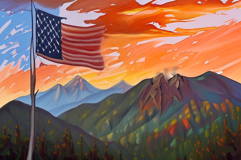  a impasto style painting of the American flag waving with the majestic Smokey mountains in the background with a dramatic beautiful sunset