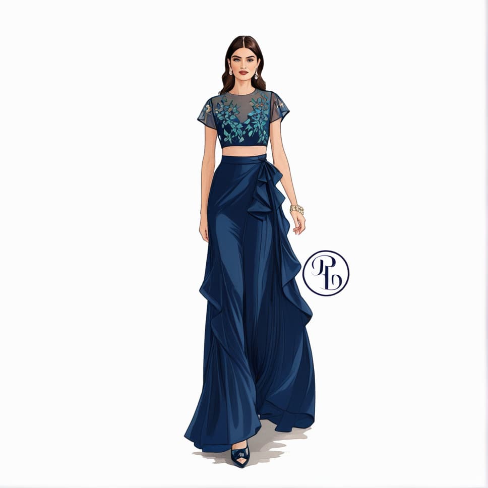  woman fashion illustration, wearing soft dress with transparencies and embroidery