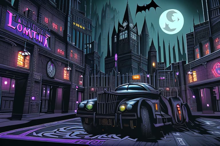  Generate a detailed road play mat of Gotham City, featuring: - Arkham Asylum - Gotham City Jail - Gotham City Bank - Wayne Manor - Wayne Enterprises headquarters - Gotham City Museum - Gotham City Police Station - Ace Chemicals plant - Iceberg Lounge (villains' nightclub) - Gotham General Hospital - Batcave (hidden entrance) Include roads, highways, and alleys connecting these locations. Add Gotham City's dark and gritty atmosphere, with gothic architecture and neon lights. Incorporate iconic landmarks like the Gotham City Clock Tower and the Bat-Signal shining bright in the night sky. Style: Dark, gritty, and gothic, inspired by the Batman franchise. Dimensions: A large, foldable road play mat, ideal for tabletop games and creative pla