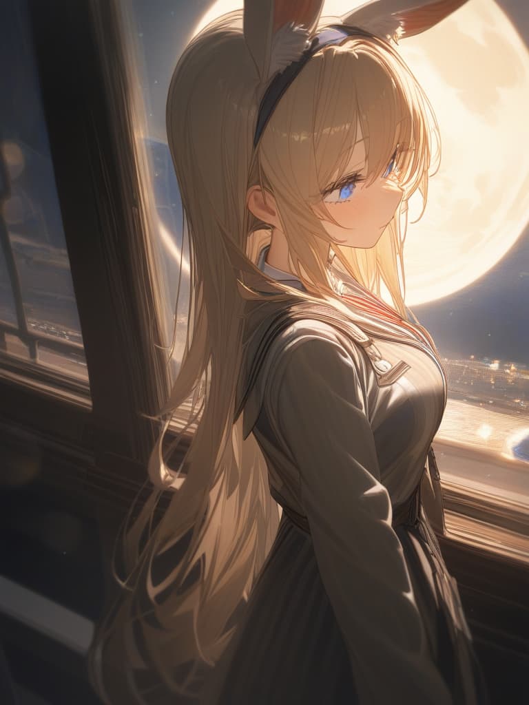  blonde, blue eyes, moon viewing, rabbit ears, masterpiece, best quality,8k,ultra detailed,high resolution,an extremely delicate and beautiful,hyper detail