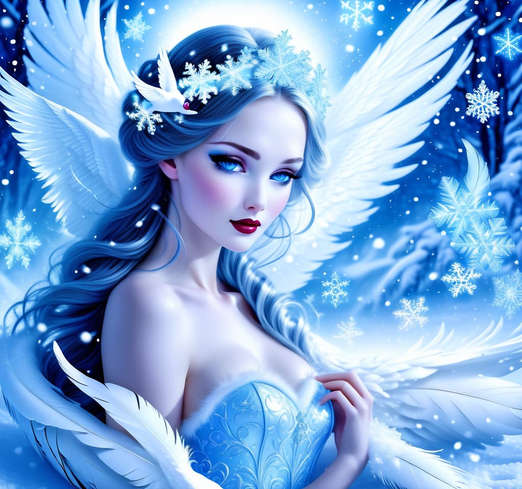  dreamscape thy name is (kiss the snow1,2) . ((key, (ice, blue1,6 sip)) ((blue eyed)) i've been jinxed ((snow singer1,8) . ((snow swan)) ((the snow swan)) feathers at my feet.( feathers flutter and slowly sink into the snow). (snow white swan): the head and body are creamy white with a silvery tint. wings of white blue colour from snowflakes (roses): light blue colour with leaves from ice crystals. background:soft blue with delicate patterns of falling snow and curls of blizzards, ice patterns on water.(style):fantasy, romantic art, silver age poetry, 19th century, dedication. . surreal, ethereal, dreamy, mysterious, fantasy, highly detailed, civitai, hkmagic