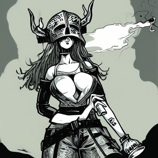  a woman in a viking helmet with a beer in one hand and a cigarette in the other