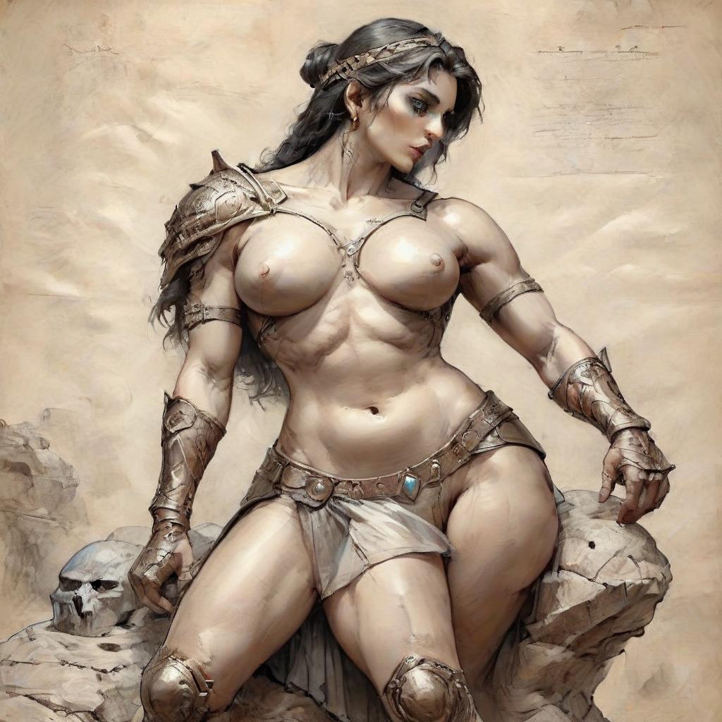  hyperrealistic art picture, professional, hyperrealistic drawing in the style of boris vallejo, julia bell, masterpiece, work of art; sitting on a stone ancient greek amazon in armor, muscular abdominal press, gracefully curved back, convex, elastic buttocks, muscular shins. mysticism, fantasy, atmospheric, filigree, ideal detailing of the image, the highest quality, many details, fine drawing, attention to detail. professional drawing in the style of boris vallejo, julia bell, masterpiece, work of art . extremely high resolution details, photographic, realism pushed to extreme, fine texture, incredibly lifelike, on parchment, oil painting