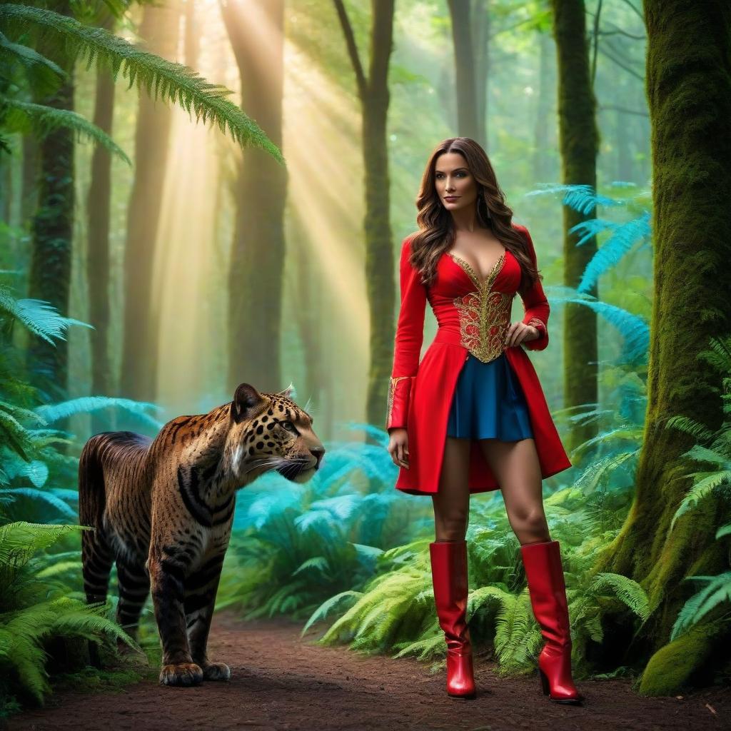  cinematic photo a captivating and enchanting scene of a stunning woman standing alongside a large, regal panther in a lush, misty forest. the woman, with long, wavy brown hair, is dressed in a dazzling neon red and brilliant gold attire, accessorized with matching arm cuffs and knee high golden boots. she gazes intently at the camera with a magnetic allure. the panther, poised and alert, turns its head slightly towards the woman, showcasing their deep bond and connection. the backdrop features tall trees, lush ferns, and a soft neon blue light filtering through the canopy, creating a mystical and ethereal atmosphere. this mesmerizing art is brought to life . 35mm photograph, film, bokeh, professional, 4k, highly detailed