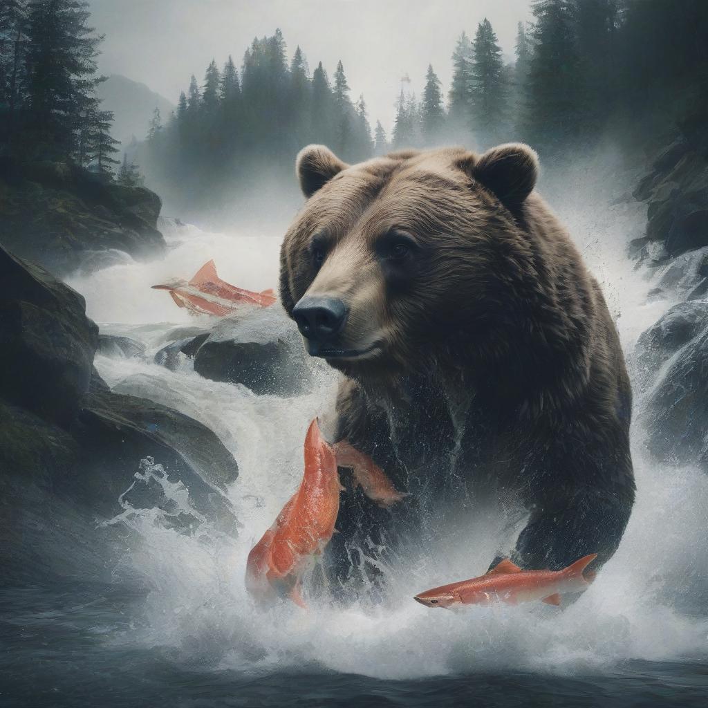  merged, jed dblexpsre effect, double exposure a close up silhouette of a bear's head, epic atmosphere with a river rapids with (((salmon swimming upstream and jumping from the water))), forest backdrop byneuralartstudio, <lora:doubleexposure 000007:1>