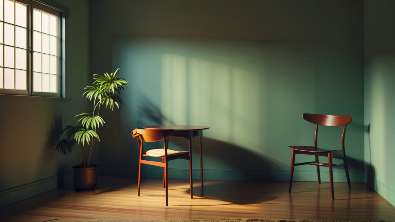  a stark, empty room with a single, uncomfortable chair, a small table with a lone plant, and a dim window casting shadows, evoking feelings of isolation and discomfort in minimalist living. hyperrealistic, full body, detailed clothing, highly detailed, cinematic lighting, stunningly beautiful, intricate, sharp focus, f/1. 8, 85mm, (centered image composition), (professionally color graded), ((bright soft diffused light)), volumetric fog, trending on instagram, trending on tumblr, HDR 4K, 8K