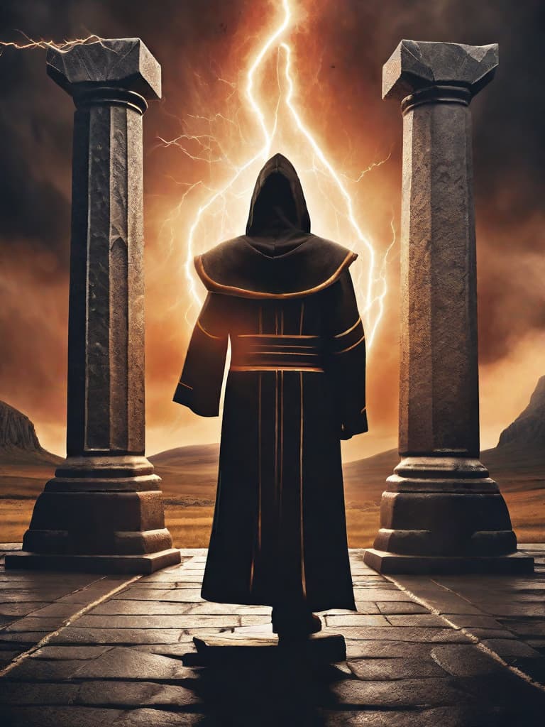  Pagan warlock, facing viewer, wearing a hooded cloak, his face hardened, eyes cold, a scar runs down the left side of his face; standing at an alter, conjuring a fire elemental from within Stonehenge during a thunder and lightning storm