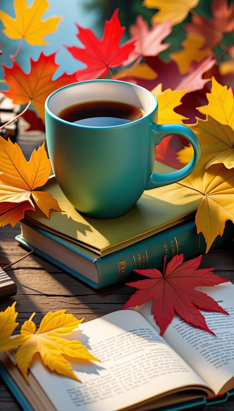  professional 3d model of autumn tree leaves background with cup of coffee and books . rendered with octane, the model is highly detailed,dramatic lighting. hyperrealistic, full body, detailed clothing, highly detailed, cinematic lighting, stunningly beautiful, intricate, sharp focus, f/1. 8, 85mm, (centered image composition), (professionally color graded), ((bright soft diffused light)), volumetric fog, trending on instagram, trending on tumblr, HDR 4K, 8K