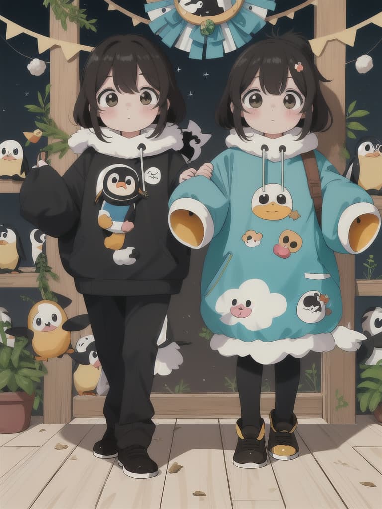  Penguin, Yuru Chara, Mascot, Beautiful Beauty couple, 💩: 1.6, 💩, 💩, 💩, 💩, 💩,, masterpiece, best quality,8k,ultra detailed,high resolution,an extremely delicate and beautiful,hyper detail