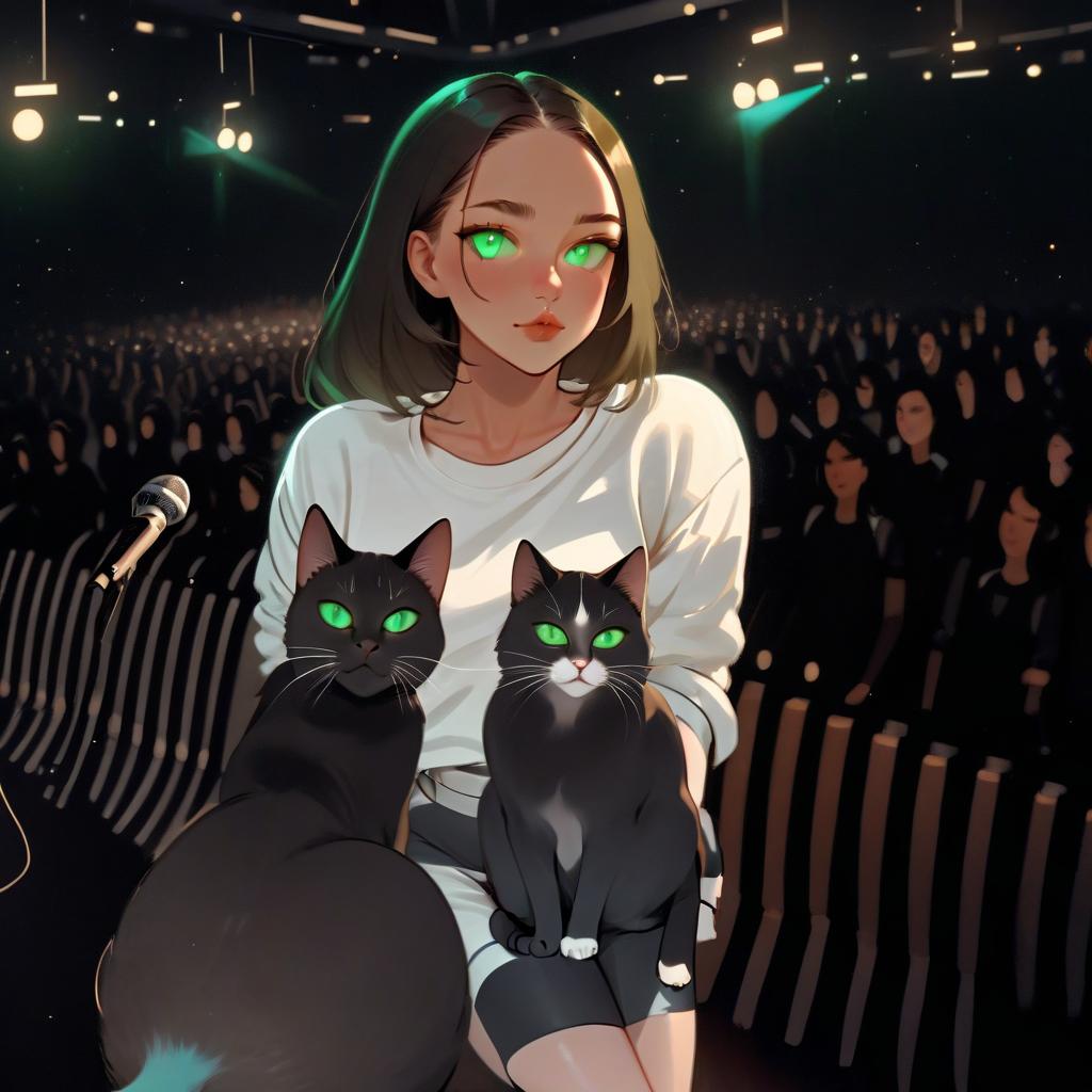  girl with dark green eyes, two cats, space, spotlights, view from the stage, microphone, music, royal grace, salutes