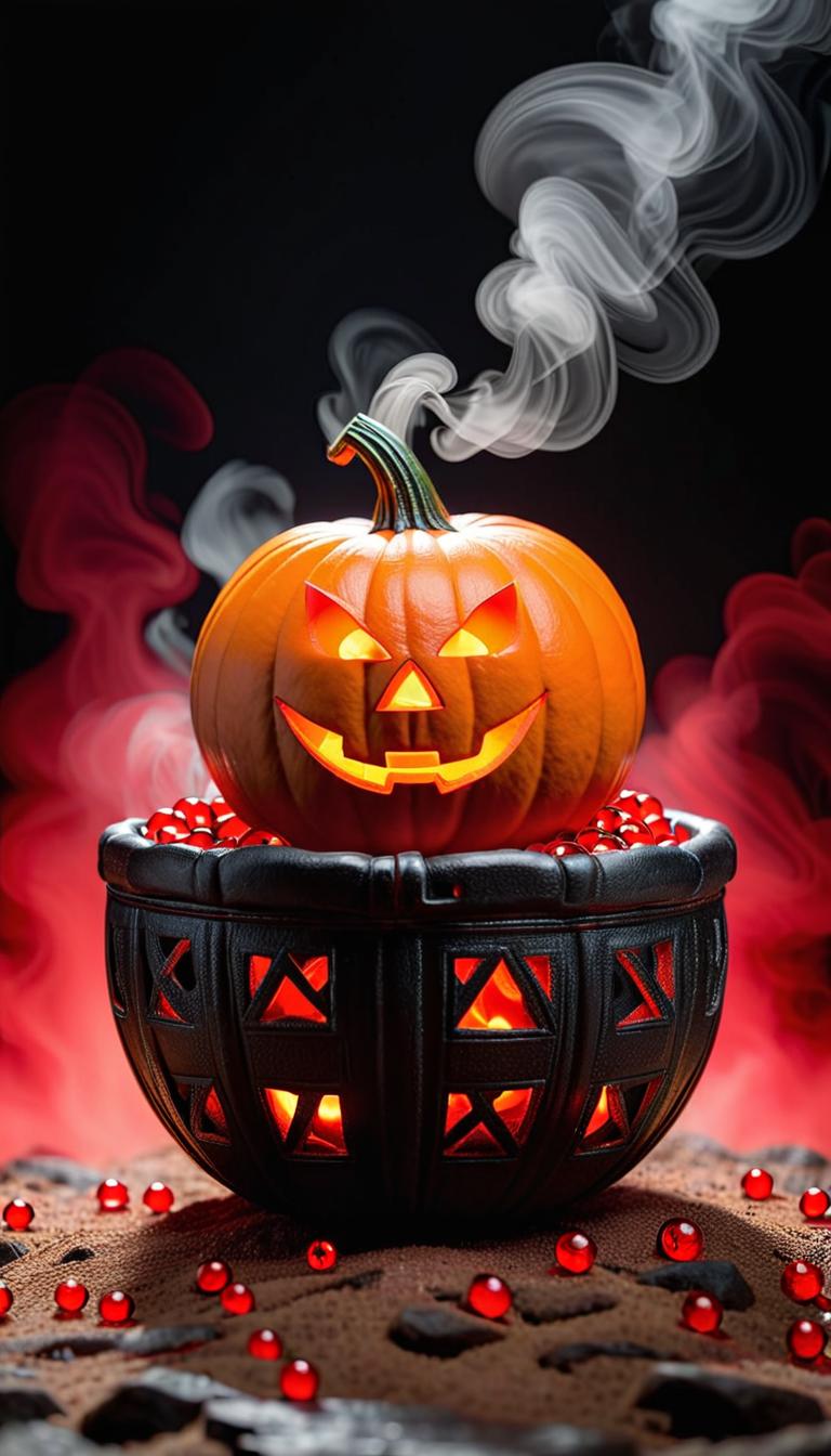  professional 3d model of red jack o lantern basket ball floating in the air with a hollow black and red smoke in the background with small red water droplets bouncing off the basketball . rendered with octane, the model is highly detailed,dramatic lighting. hyperrealistic, full body, detailed clothing, highly detailed, cinematic lighting, stunningly beautiful, intricate, sharp focus, f/1. 8, 85mm, (centered image composition), (professionally color graded), ((bright soft diffused light)), volumetric fog, trending on instagram, trending on tumblr, HDR 4K, 8K