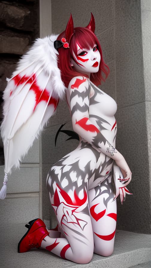  White and red bat pattern body paint in every corner of the body,silver body paint all over the body,Grey face paint on the face, Two succubus, full body image 女性