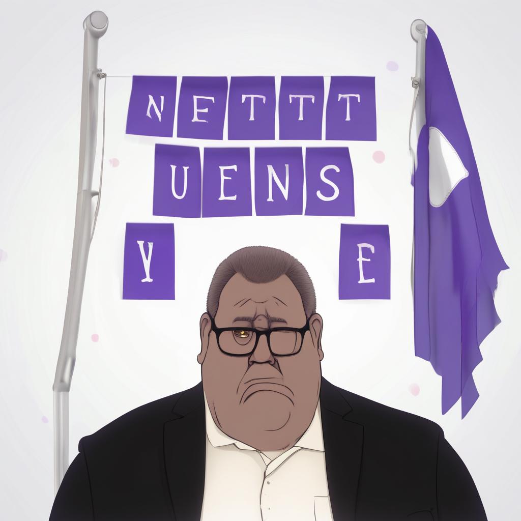  fluffernutter very old and nervous morbidly obese very fat overweight man sitting at a desk with purple text and flags behind