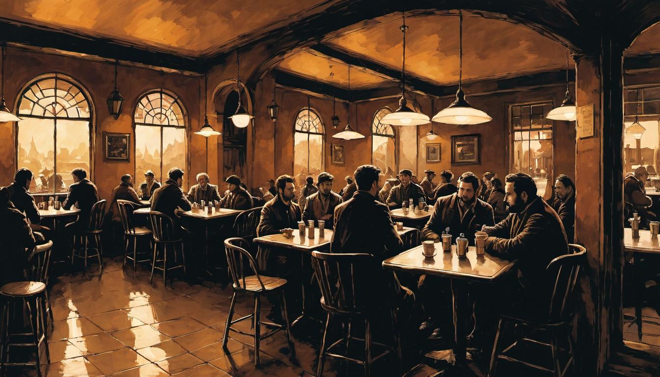  （surrealism)a familiar café with one central figure, another figure entering, background of regular patrons, subtle observation, familiar setting, repetition mystic, intricate details, best quality)