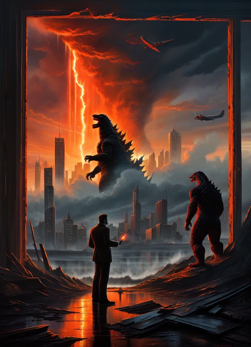  concept art a surreal fantasy oil painting depicting a man standing in front of a window and looking at a post apocalyptic urban landscape with dark storm clouds hanging over his head. (flashes, reflections of fires, crimson orange glow:1.3). (godzilla stretches out his paw to the plane in the sky and growls:1.6). a man's face is filled with fear and despair when he sees the destruction around him. (the setting of a nightmare, understatement, incompleteness:1.5). author: john martin, caspar david friedrich. . digital artwork, illustrative, painterly, matte painting, highly detailed, glowneon, hkmagic